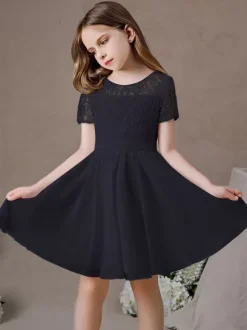 Ivory Flower Girl Dress Lace Jewel Neck Short Sleeves Kids Birthday Party Dresses