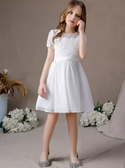 Ivory Flower Girl Dress Lace Jewel Neck Short Sleeves Kids Birthday Party Dresses
