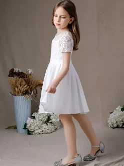 Ivory Flower Girl Dress Lace Jewel Neck Short Sleeves Kids Birthday Party Dresses