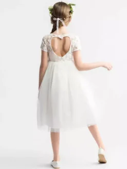Ivory Flower Girl Dress Lace Jewel Neck Short Sleeves Birthday Party Dresses