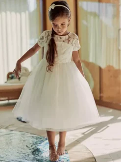 Ivory Flower Girl Dress Lace Jewel Neck Short Sleeves Birthday Party Dresses