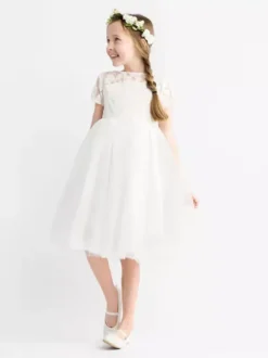 Ivory Flower Girl Dress Lace Jewel Neck Short Sleeves Birthday Party Dresses