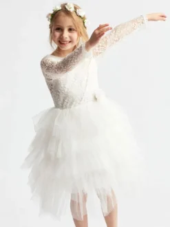 Ivory Flower Girl Dress Lace Jewel Neck Long Sleeves Birthday Party Dresses