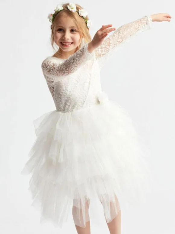 Ivory Flower Girl Dress Lace Jewel Neck Long Sleeves Birthday Party Dresses