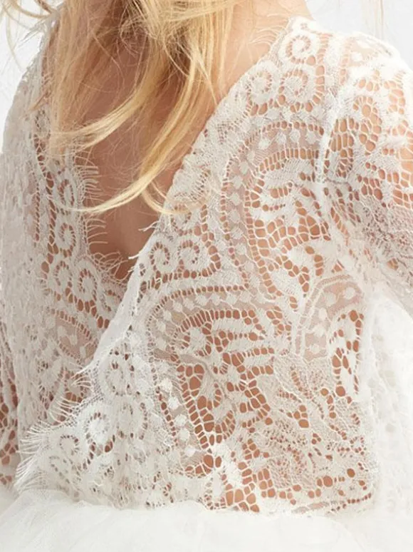 Ivory Flower Girl Dress Lace Jewel Neck Long Sleeves Birthday Party Dresses