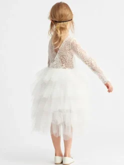 Ivory Flower Girl Dress Lace Jewel Neck Long Sleeves Birthday Party Dresses