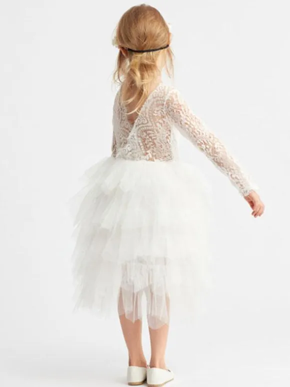 Ivory Flower Girl Dress Lace Jewel Neck Long Sleeves Birthday Party Dresses