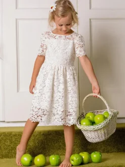 Ivory Kids Ball Gown Party Dress Wedding Cute Short Sleeves Flower Girl Dress