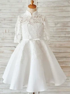 Ivory Lace Satin High Neck Long Sleeves Wedding Flower Girl Dress
