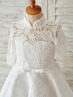 Ivory Lace Satin High Neck Long Sleeves Wedding Flower Girl Dress
