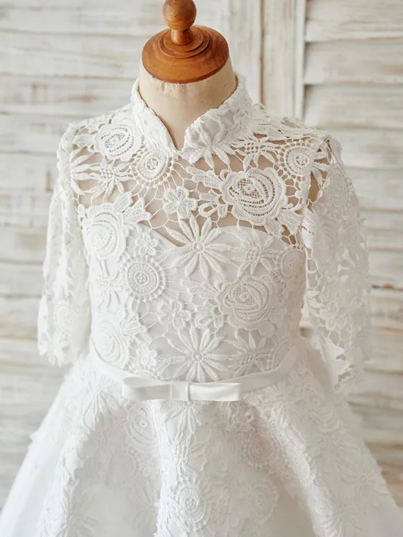 Ivory Lace Satin High Neck Long Sleeves Wedding Flower Girl Dress