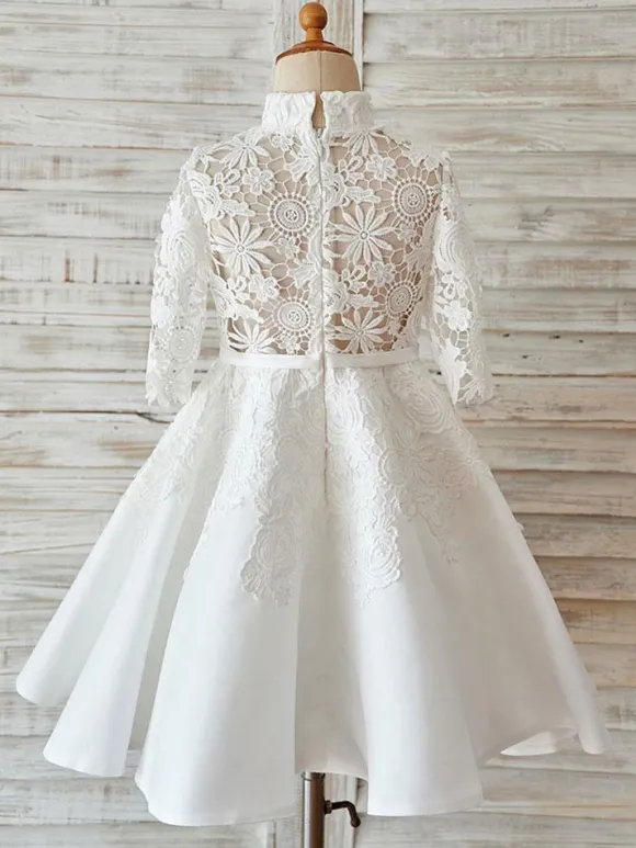 Ivory Lace Satin High Neck Long Sleeves Wedding Flower Girl Dress