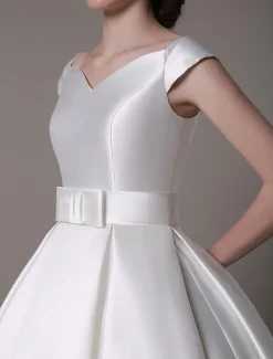 Ivory Short Wedding Dresses 2026 Satin Knee Length Bow Sash Retro Bridal Dress Free Customization
