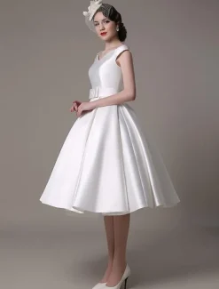 Ivory Short Wedding Dresses 2026 Satin Knee Length Bow Sash Retro Bridal Dress Free Customization