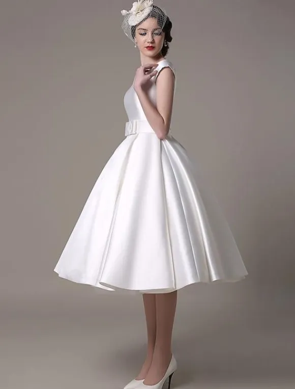 Ivory Short Wedding Dresses 2026 Satin Knee Length Bow Sash Retro Bridal Dress Free Customization