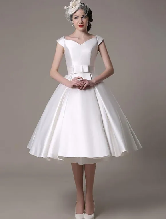 Ivory Short Wedding Dresses 2026 Satin Knee Length Bow Sash Retro Bridal Dress Free Customization