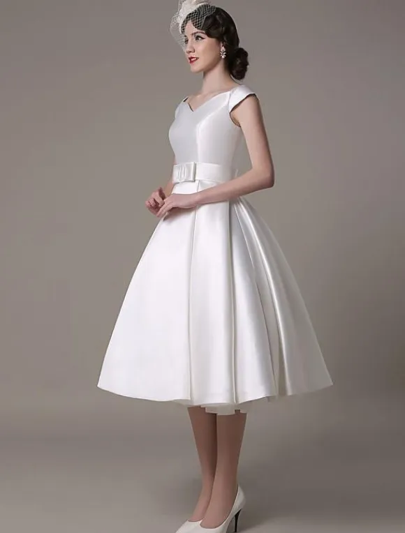 Ivory Short Wedding Dresses 2026 Satin Knee Length Bow Sash Retro Bridal Dress Free Customization