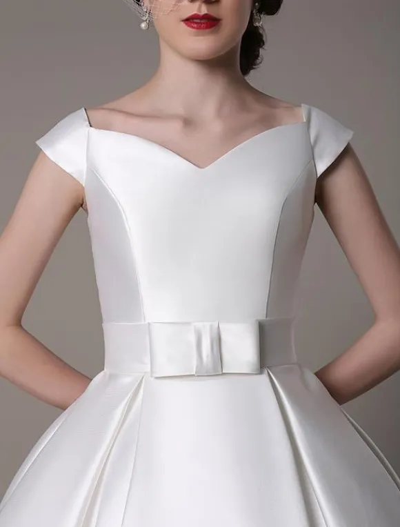 Ivory Short Wedding Dresses 2026 Satin Knee Length Bow Sash Retro Bridal Dress Free Customization