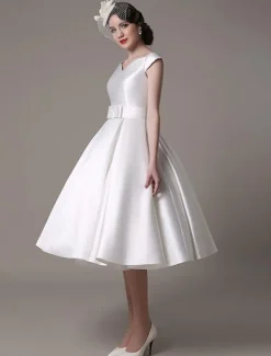 Ivory Short Wedding Dresses 2026 Satin Knee Length Bow Sash Retro Bridal Dress Free Customization