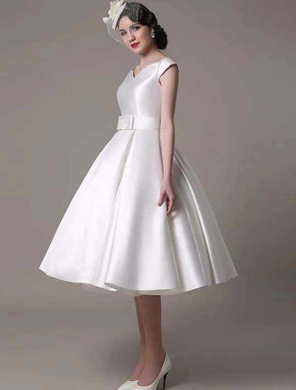 Ivory Short Wedding Dresses 2026 Satin Knee Length Bow Sash Retro Bridal Dress Free Customization