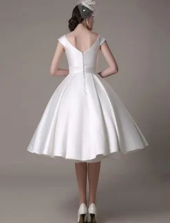Ivory Short Wedding Dresses 2026 Satin Knee Length Bow Sash Retro Bridal Dress Free Customization
