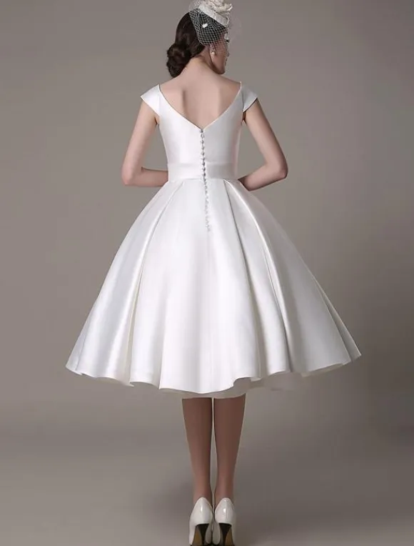 Ivory Short Wedding Dresses 2026 Satin Knee Length Bow Sash Retro Bridal Dress Free Customization