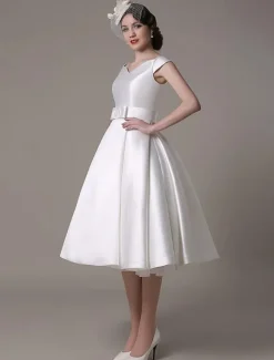Ivory Short Wedding Dresses 2026 Satin Knee Length Bow Sash Retro Bridal Dress Free Customization