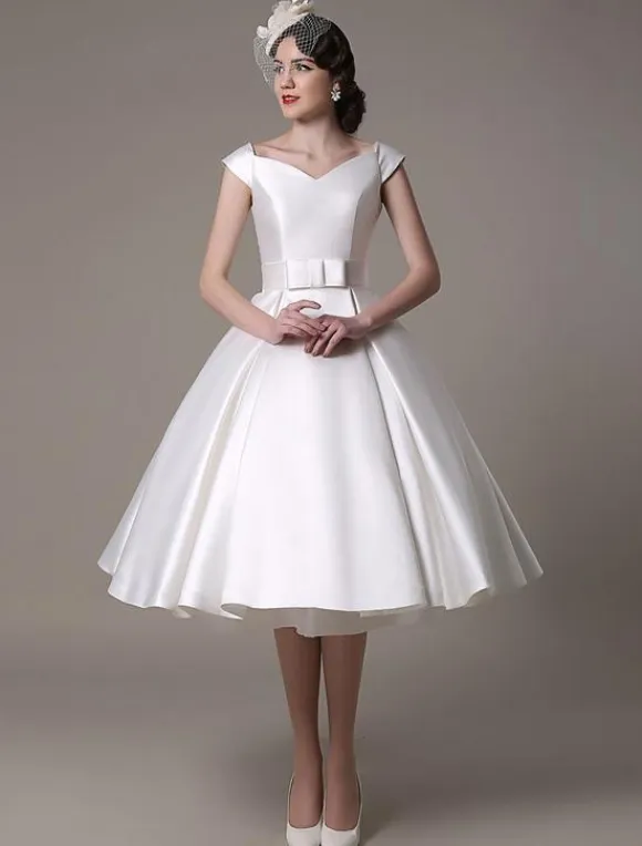 Ivory Short Wedding Dresses 2026 Satin Knee Length Bow Sash Retro Bridal Dress Free Customization