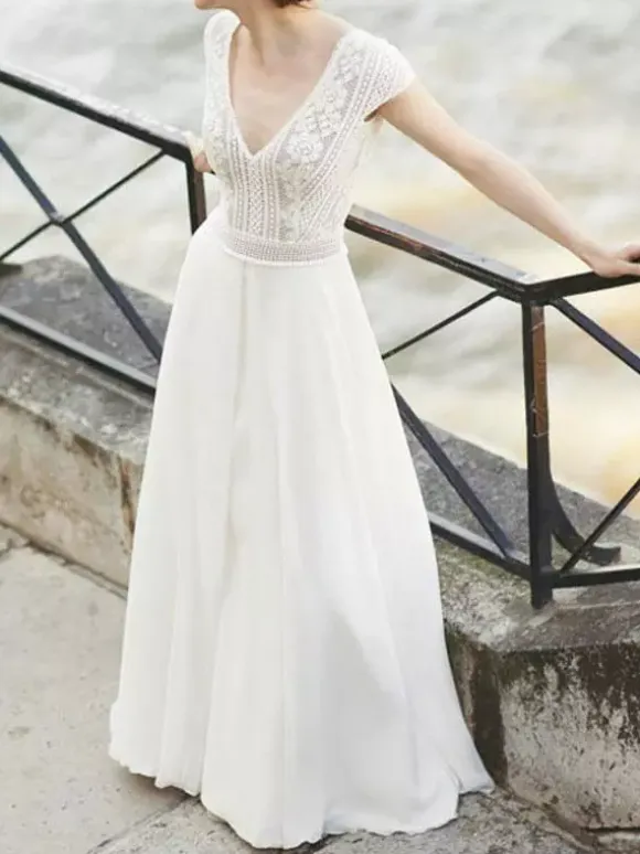 Ivory Simple Causal Wedding Dress A-Line V-Neck Short Sleeves Backless Lace Chiffon Bridal Gowns Free Customization
