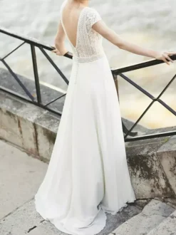 Ivory Simple Causal Wedding Dress A-Line V-Neck Short Sleeves Backless Lace Chiffon Bridal Gowns Free Customization