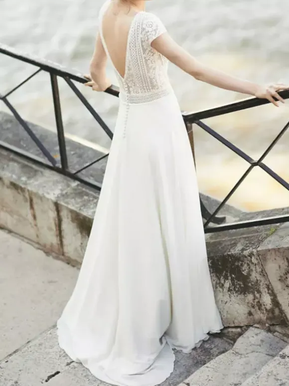 Ivory Simple Causal Wedding Dress A-Line V-Neck Short Sleeves Backless Lace Chiffon Bridal Gowns Free Customization
