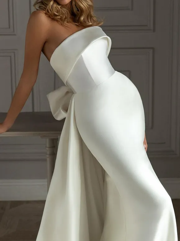 Ivory Simple Mermaid Wedding Dress Satin Fabric Strapless Sleeveless Backless Bows Bridal Gowns Free Customization