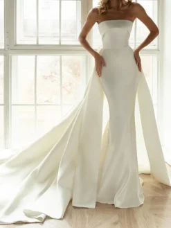Ivory Simple Mermaid Wedding Dress Satin Fabric Strapless Sleeveless Backless Bows Bridal Gowns Free Customization