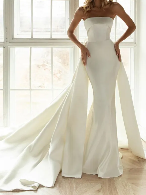Ivory Simple Mermaid Wedding Dress Satin Fabric Strapless Sleeveless Backless Bows Bridal Gowns Free Customization