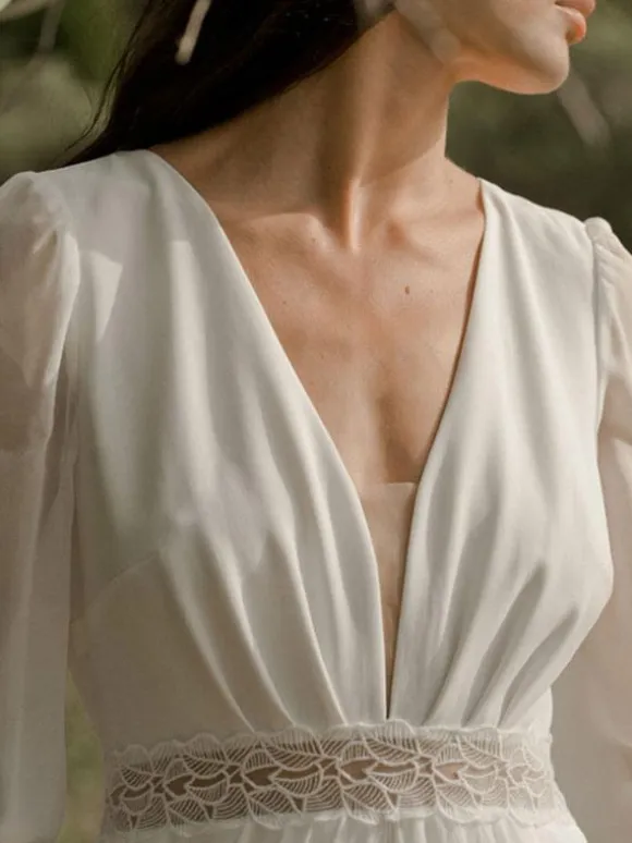 Ivory Simple Wedding Dress V Neck Long Sleeves Split Front A-Line Bridal Gowns