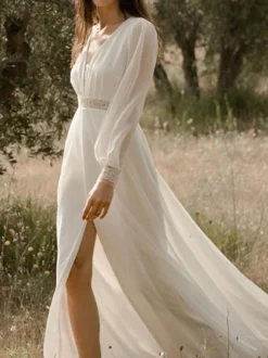 Ivory Simple Wedding Dress V Neck Long Sleeves Split Front A-Line Bridal Gowns