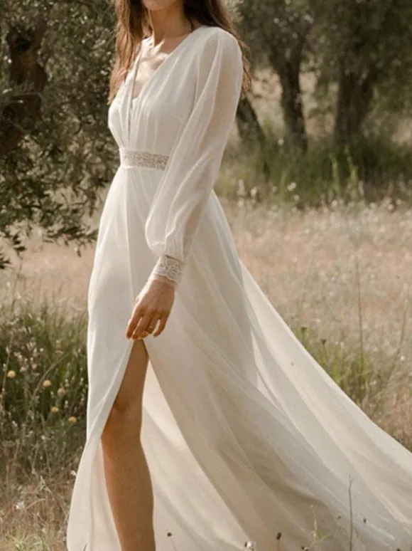 Ivory Simple Wedding Dress V Neck Long Sleeves Split Front A-Line Bridal Gowns