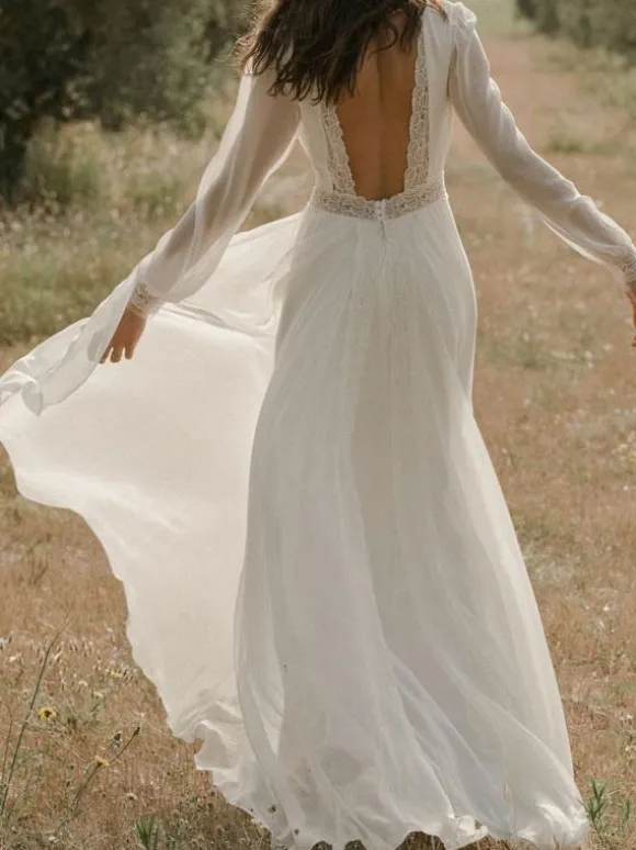 Ivory Simple Wedding Dress V Neck Long Sleeves Split Front A-Line Bridal Gowns