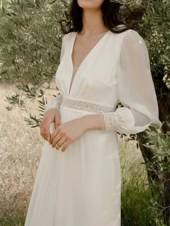 Ivory Simple Wedding Dress V Neck Long Sleeves Split Front A-Line Bridal Gowns