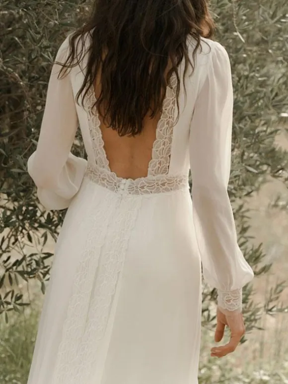 Ivory Simple Wedding Dress V Neck Long Sleeves Split Front A-Line Bridal Gowns