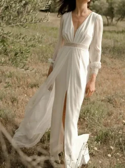 Ivory Simple Wedding Dress V Neck Long Sleeves Split Front A-Line Bridal Gowns