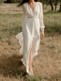 Ivory Simple Wedding Dress V Neck Long Sleeves Split Front A-Line Bridal Gowns