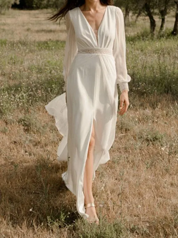 Ivory Simple Wedding Dress V Neck Long Sleeves Split Front A-Line Bridal Gowns