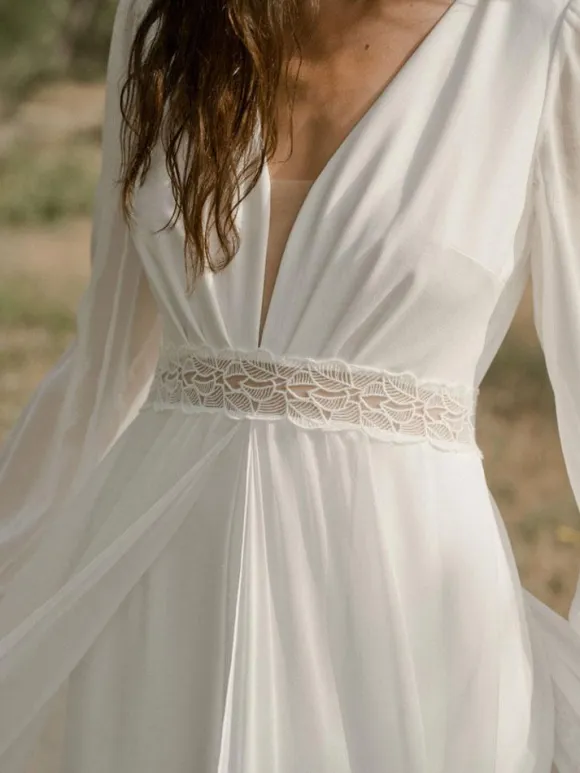Ivory Simple Wedding Dress V Neck Long Sleeves Split Front A-Line Bridal Gowns