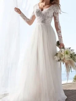 Ivory Simple Wedding Dress With Train A-Line V-Neck Long Sleeves Backless Lace Bridal Gowns Free Customization