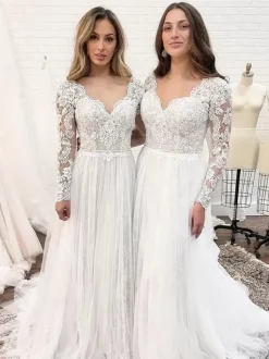 Ivory Simple Wedding Dress With Train A-Line V-Neck Long Sleeves Backless Lace Bridal Gowns Free Customization