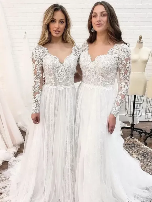 Ivory Simple Wedding Dress With Train A-Line V-Neck Long Sleeves Backless Lace Bridal Gowns Free Customization