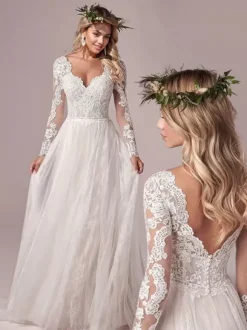 Ivory Simple Wedding Dress With Train A-Line V-Neck Long Sleeves Backless Lace Bridal Gowns Free Customization