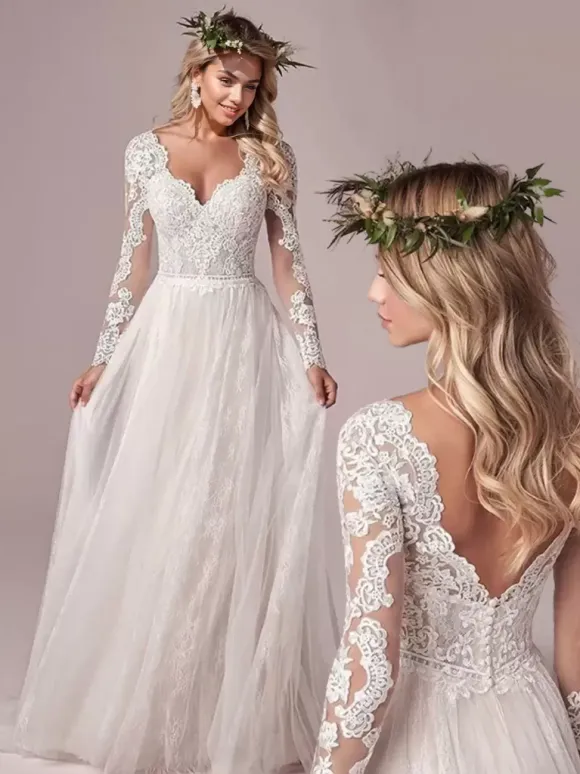 Ivory Simple Wedding Dress With Train A-Line V-Neck Long Sleeves Backless Lace Bridal Gowns Free Customization
