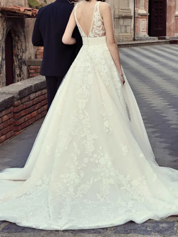 Ivory Simple Wedding Dress With Train V-Neck Sleeveless Backless Lace A-Line Bridal Gowns Free Customization